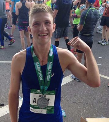 Brandon Hurst of Tonkawa, shown after his victory in his division of the Oklahoma Memorial Marathon last April, has been accepted as an official entrant in next year’s Boston Marathon. Hurst is a student at Northern Oklahoma College Tonkawa.
