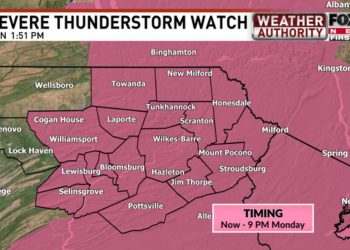 Tornadoes are possible, with a severe thunderstorm watch issued for all of New Jersey and parts of Pennsylvania