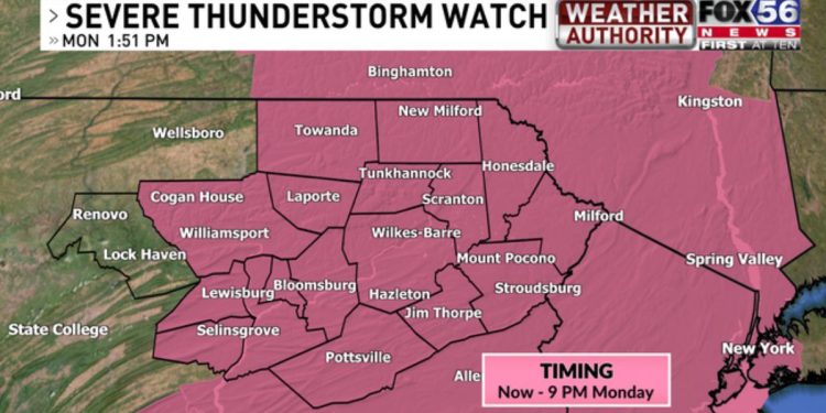Tornadoes are possible, with a severe thunderstorm watch issued for all of New Jersey and parts of Pennsylvania